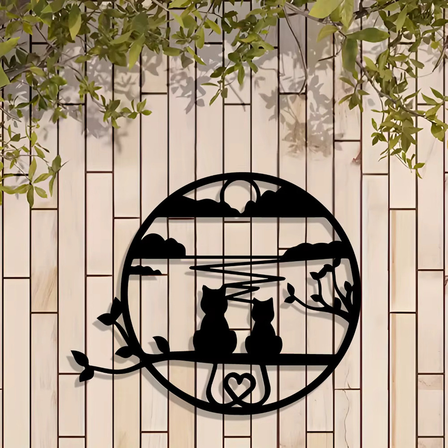 CIFBUY Metall-Wandkunst Sonnenuntergang mit zwei Katzen und Herz-Sonne in Schwarz als moderne Dekoration für Wohnzimmer, Schlafzimmer und Garten - Bild 3