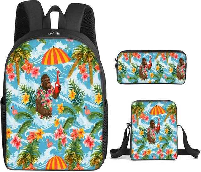 BAOERYE Schultaschen-Set mit Rucksack, Umhängetasche und Federmäppchen im Hot Dog Schimpanse Cartoon-Design, 3-teiliges Set für Jungen und Mädchen, Mehrfarbig - Bild 1