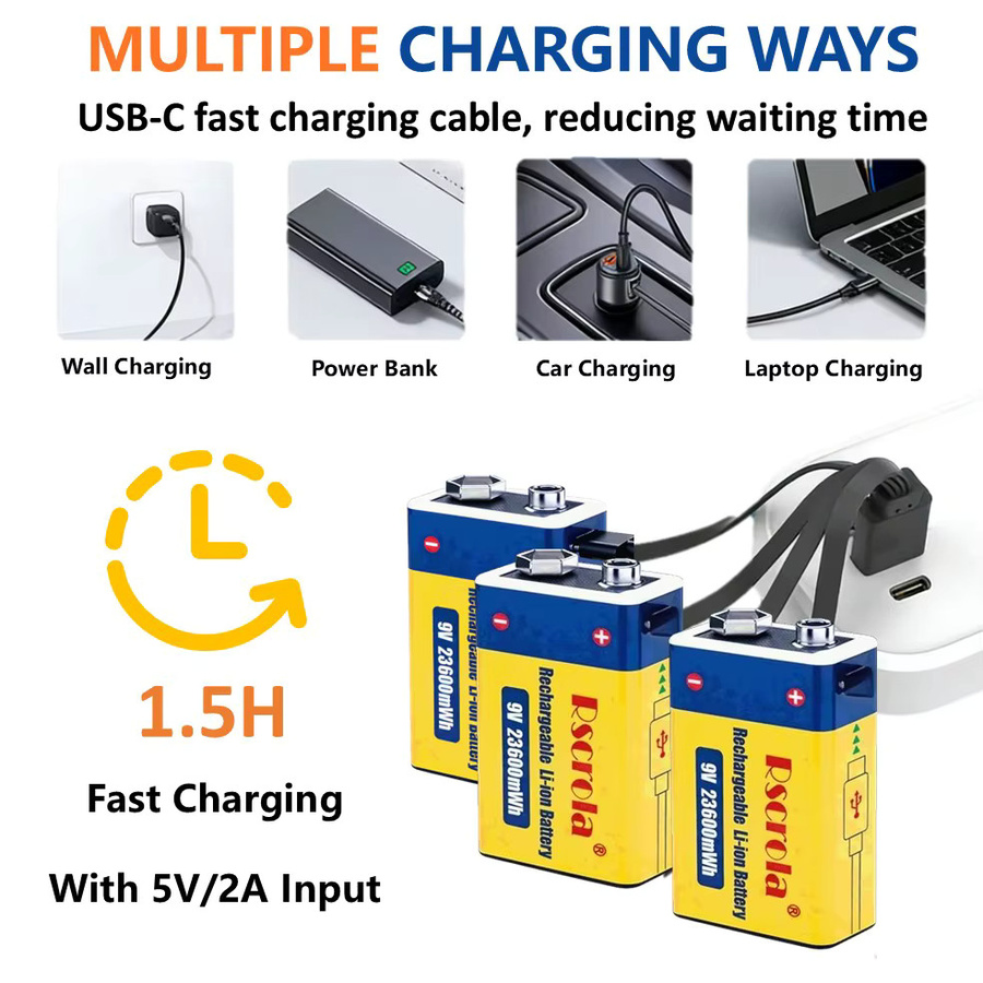 Rscrola Wiederaufladbare 9V Li-Ionen Batterie mit USB-C Anschluss, 23600mWh - Bild 2