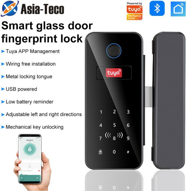 Asia-Teco Intelligentes Schloss für Glastüren in Schwarz mit Fingerabdruck- und Passwort-Entsperrung sowie Tuya-App-Unterstützung - Bild 1
