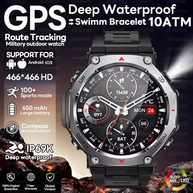 LIGE T-Rex 3 GPS Smartwatch für Männer in Schwarz mit Bluetooth Anruffunktion, 5ATM Wasserdichtigkeit und Taschenlampe - Bild 1