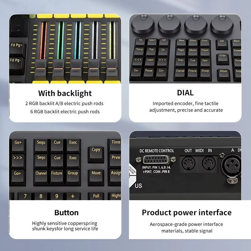 Carinamoba DMX512 Konsole mit Hintergrundbeleuchtung und Command Fader Wing in Schwarz für professionelle Bühnenlicht-Steuerung von Moving Heads und LED Pars - Bild 3