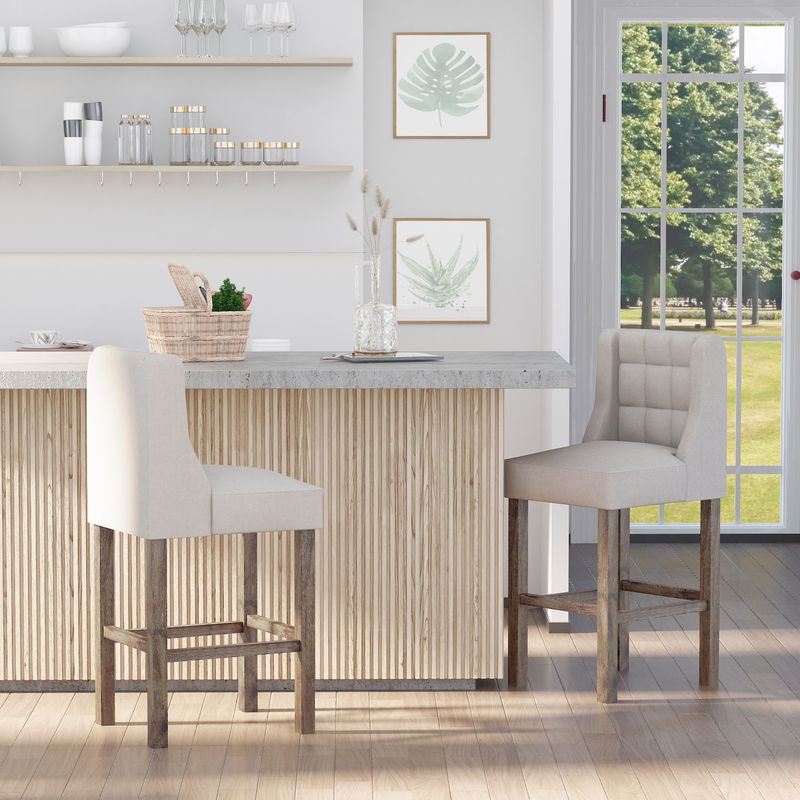 HOMCOM 2er-Set Barhocker mit Lehne aus Massivholz und Stoff mit Knopfheftung, Farbe: Grau und Beige, B/T/H: 47 x 50 x 101 cm - Bild 2