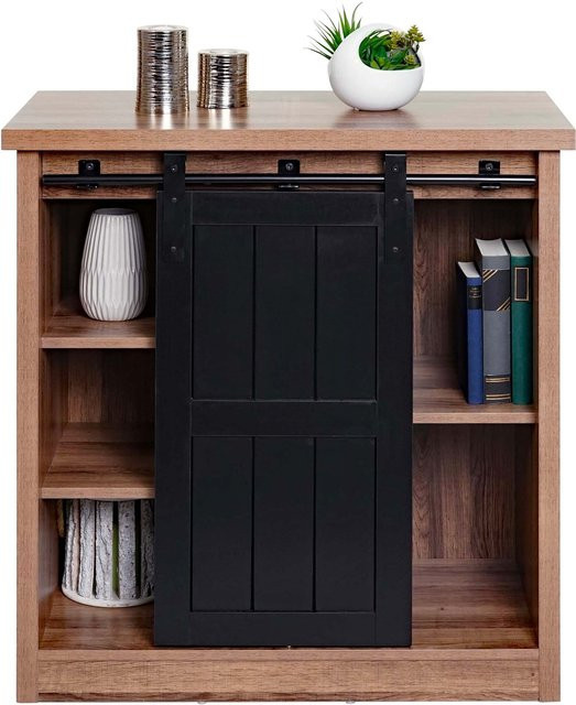 MCW Kommode K75 Schrank Regal im Industrial Design mit Schiebetüren und 5 Staufächern, Holz-Optik und Metall, braun, B/T/H: 84 x 40 x 80 cm - Bild 1