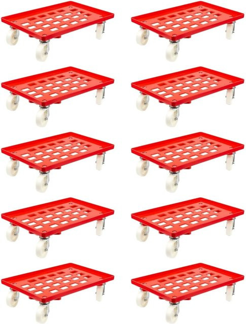 PROREGAL SparSet 10x Transportroller für Euroboxen in Rot mit Kunststoffrädern, Gitter/Rasterdeck, 2 Lenkrollen und 2 Bockrollen, Traglast 300 kg, B/T: 60 x 40 cm - Bild 1
