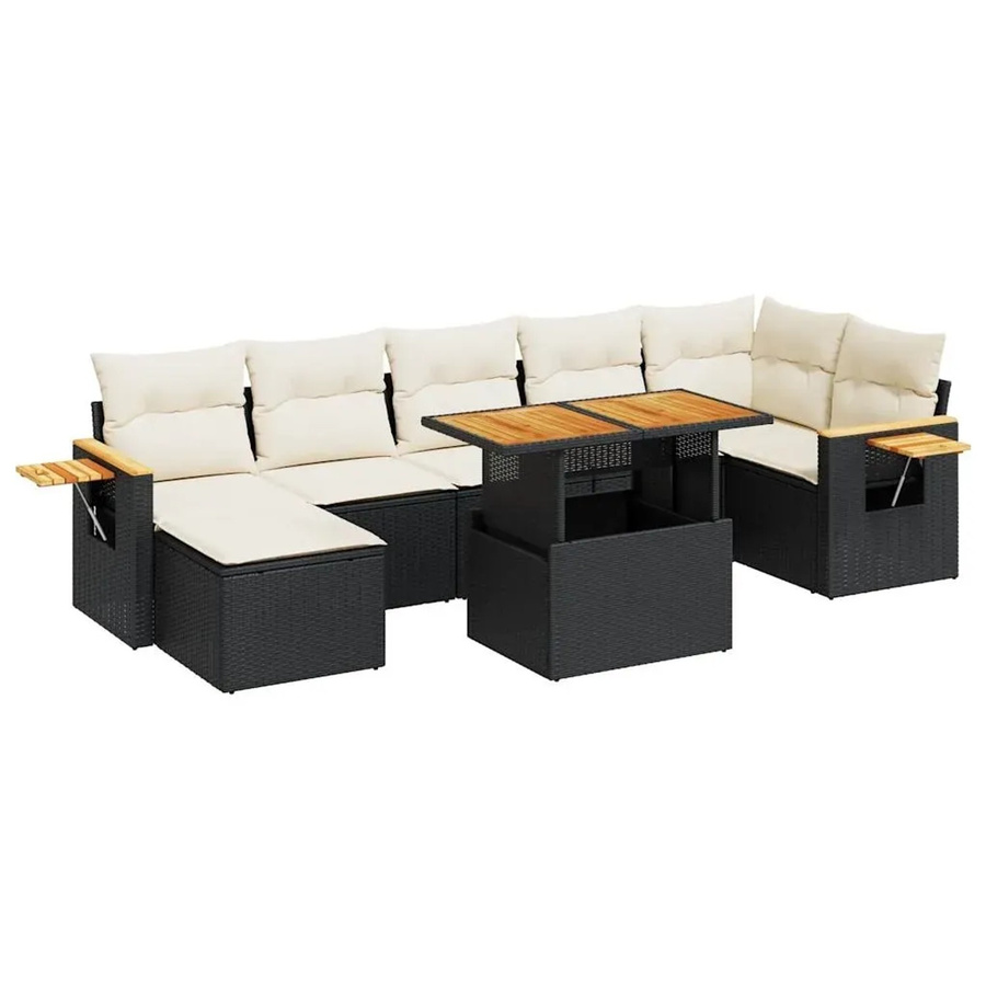 vidaXL 8-tlg Garten-Sofagarnitur in L-Form aus Poly-Rattan und Akazienholz mit Kissen in Schwarz-Creme - Bild 2