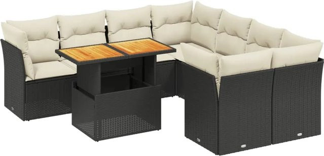 vidaXL 9-teilige Garten-Sofagarnitur in L-Form aus Poly-Rattan und Akazienholz mit Kissen in Schwarz und Cremeweiß - Bild 1