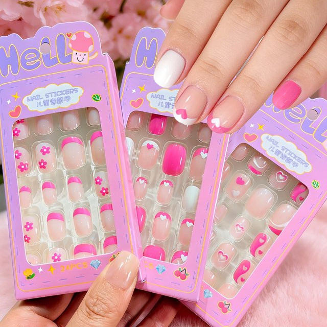 Kinder-Kunstnägel, Rosa Blumen-Herz, Nude, Glänzend, 24 Stück - Bild 1