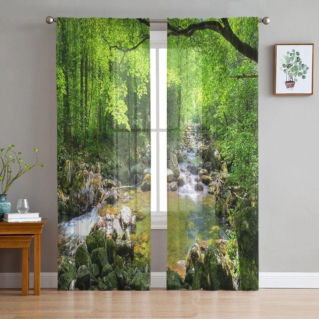 Yiran Furniture Transparentes Tüll-Fenstervorhang Grüne Waldsonne mit Naturmotiv, Organza-Voile-Vorhang für Wohnzimmer und Schlafzimmer, B: 135 cm, H: 115 cm - Bild 1