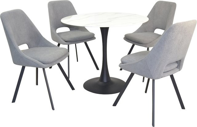 Möbel direkt online 5-teilige Tischgruppe mit rundem Esstisch in Marmoroptik und 4 Stühlen aus Sicherheitsglas und Metall in Schwarz oder Weiß - Bild 1