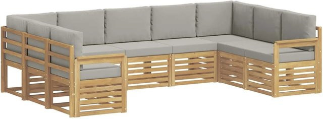 vidaXL Outdoor-Sofagarnitur 7-teilig in L-Form aus Akazienholz mit Polsterung in Weiß und Hellgrau - Bild 1