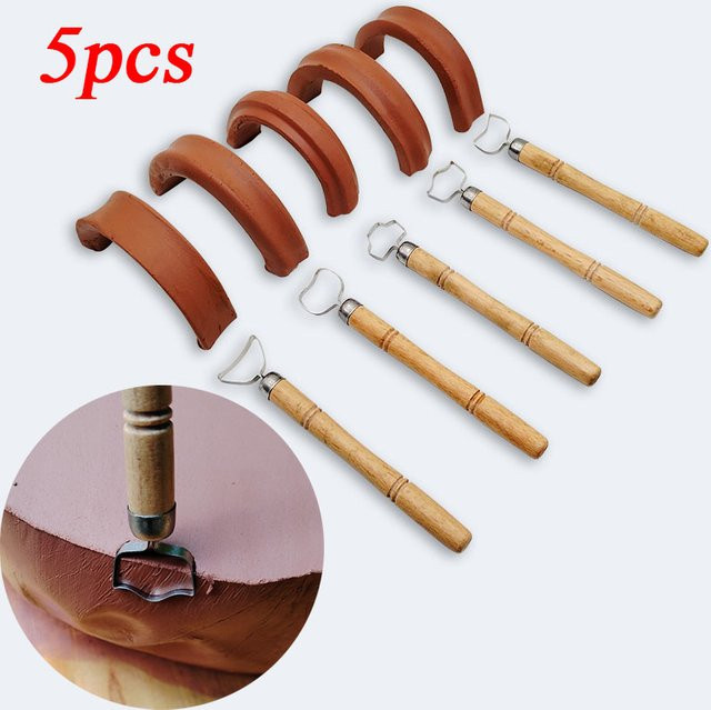 5-teiliges Töpfer-Schaber-Werkzeug-Set mit Holzgriff in Braun für DIY-Ton-Schnitz- und Formarbeiten - Bild 1