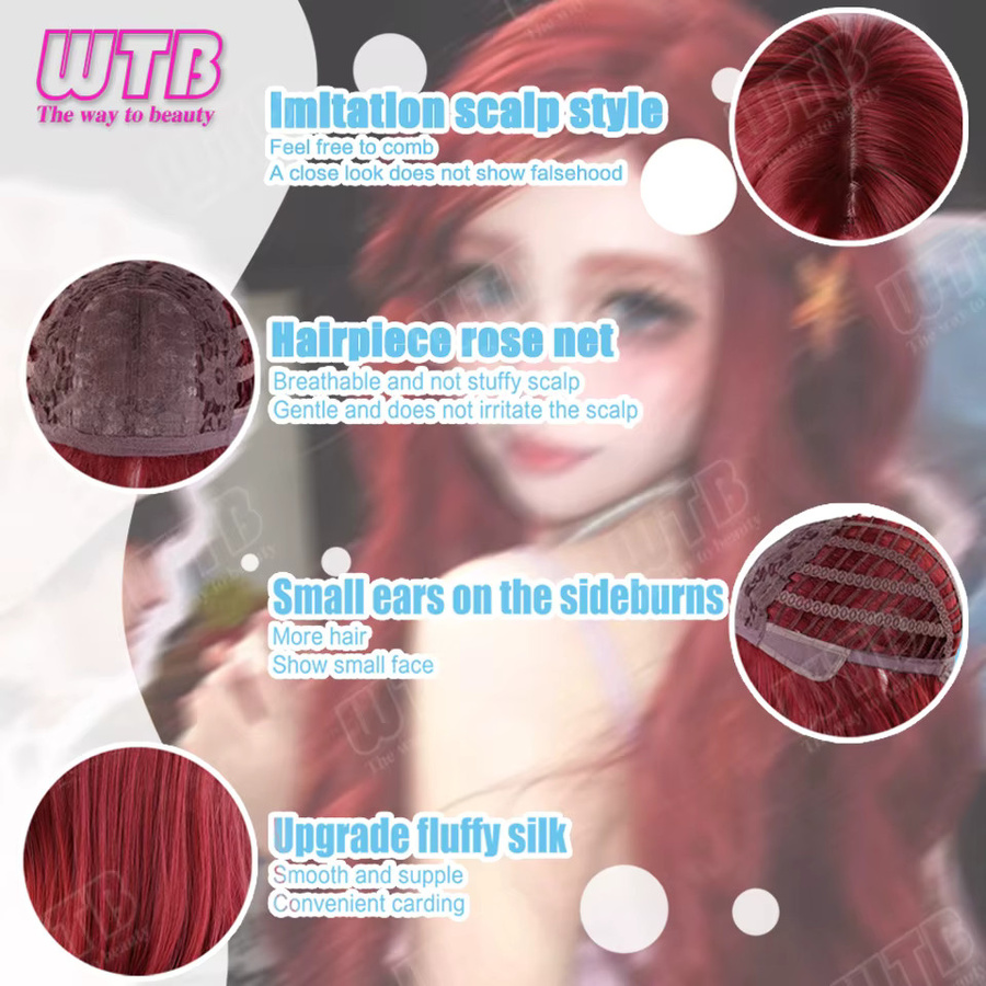 WTB Perücke, Himbeerrot, lange lockige Synthetik-Perücke mit Pony, Damen - Bild 5