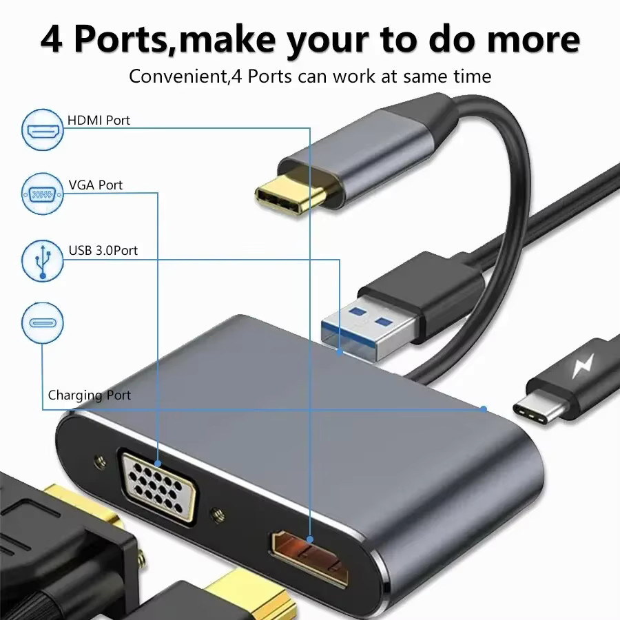 GGBEE USB C Hub 4 in 1 Adapter in Grau mit 4K HDMI, VGA und PD Schnellladung für MacBook, Laptop und Smartphone - Bild 3