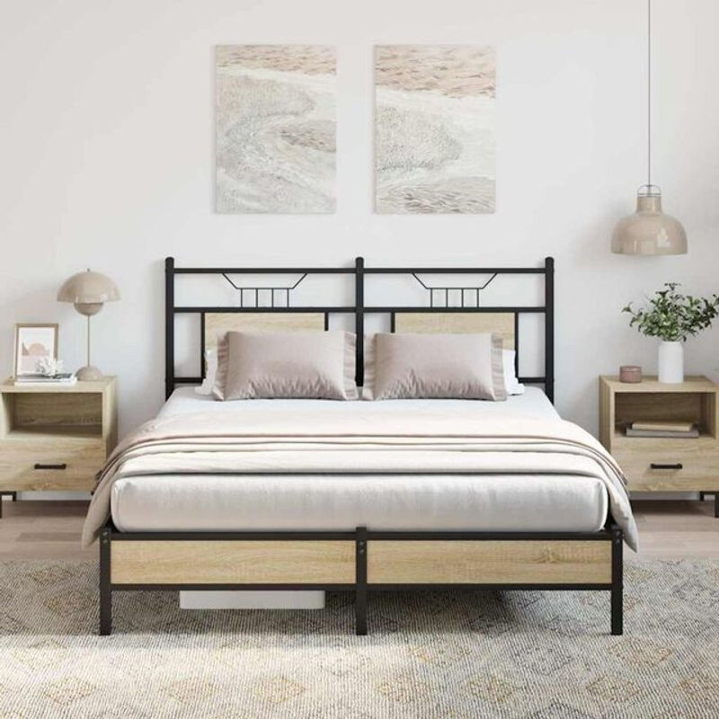 Bettgestell ohne Matratze VIDAXL im Industrial Design aus Holzwerkstoff und Stahl, Eiche Natur/Braun, B: 140 cm, L: 190 cm - Bild 1