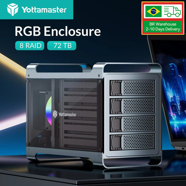 Yottamaster DF4 4-Bay RAID Externes Festplattengehäuse für 2,5-Zoll und 3,5-Zoll SATA SSDs mit 80-mm-RGB-Silent-Lüfter und bis zu 64 TB Kapazität - Bild 1