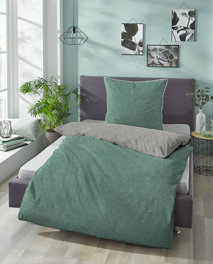 Biberna Bettwäsche aus Flanell in Grün und Grau, B/H: 155 x 220 cm - Bild 1