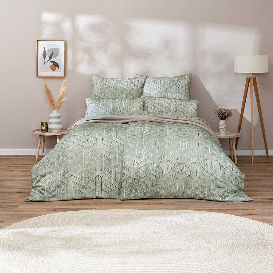 Estella Mako-Satin Bettwäsche Joaquin Khaki Grün Natur mit Rautenmuster, Bettbezug 135 x 200 cm und Kissenbezug 80 x 80 cm - Bild 1