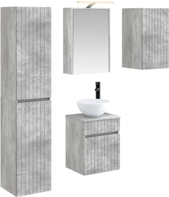 vidaXL Badezimmerschrank-Set 5-teilig in Betongrau mit LED-Beleuchtung und Spiegelschrank, B/T/H: 43 x 16 x 62,5 cm - Bild 1