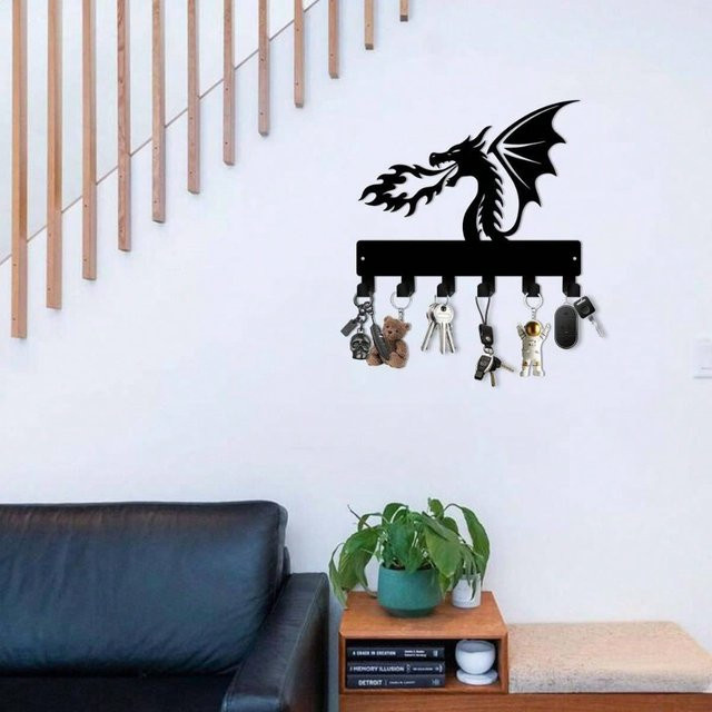 Wandmontierter Schlüsselhalter aus Metall mit Drachenmotiv von CIFBUY in Schwarz - Bild 1