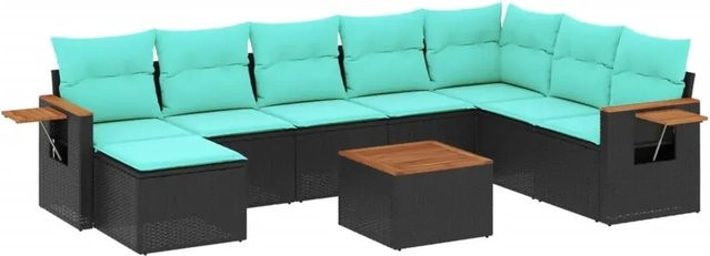 vidaXL 9-teilige Garten-Sofagarnitur aus Poly-Rattan und Akazienholz in Schwarz mit blauen Kissen - Bild 1