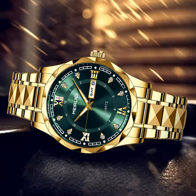 MEIRUIQI Armbanduhr Quarz, Edelstahl, Gold, Grün, Herren - Bild 3
