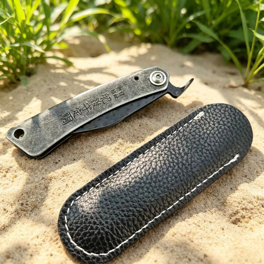 Higonokami Faltbares Campingmesser in Schwarz mit Lederetui als EDC-Werkzeug für Küche, Obst und Angeln - Bild 4