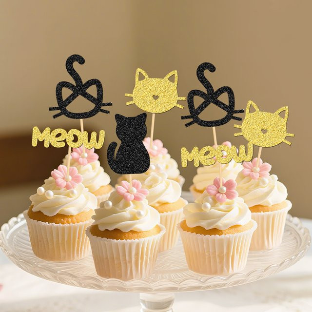 YOMDID 24 Stück Cupcake-Topper mit Katzenmotiv in Schwarz, glitzernde Cupcake-Picks für Geburtstagskuchen-Dekorationen - Bild 1