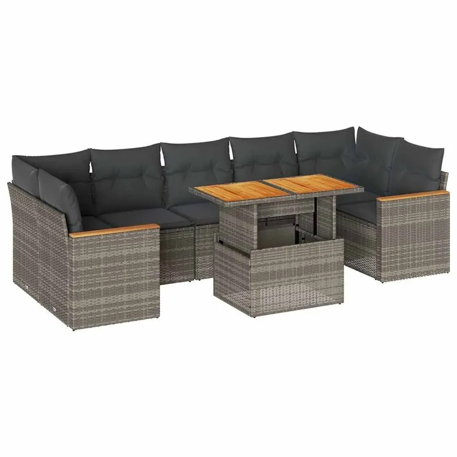 vidaXL 8-tlg Garten-Sofagarnitur in L-Form aus Polyrattan und Akazienholz mit grauen Kissen - Bild 2