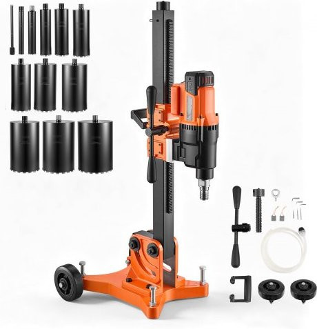 VEVOR Diamant Kernbohrmaschine 3000 W mit 12 Bohrer, Trocken/Nass Kernbohrgerät für Beton Ziegel Keramikfliesen Asphalt Marmor, Neigbarer Ständer mit Fahrgestell, Farbe: Orange - Bild 1