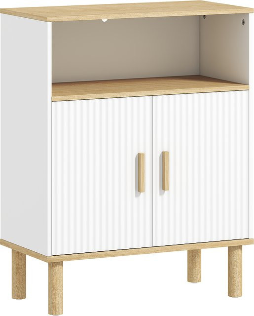 HOMCOM Badezimmerschrank im skandinavischen Design mit 2 Türen und offenem Fach, Farbe: Weiß und Naturholz, B/T/H: 60 x 29,5 x 76,5 cm - Bild 1