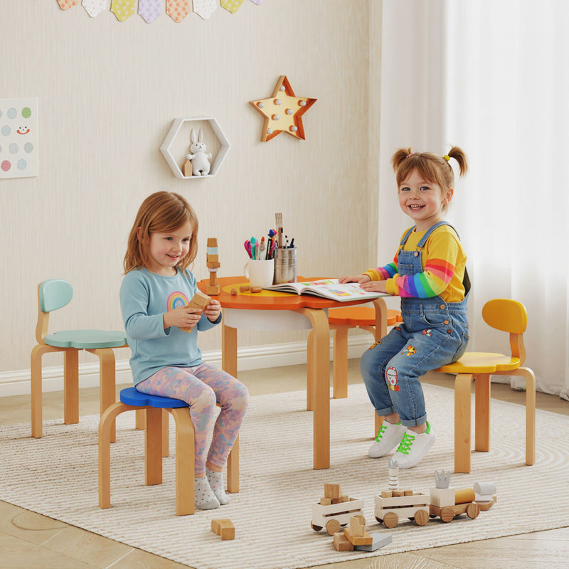 AIYAPLAY Kindertisch Set aus Holz mit 4 Stühlen in Blumenform, 5-teilige Kindermöbel Sitzgruppe mit Stauraum für Kinder von 3-8 Jahren, Bunt - Bild 2