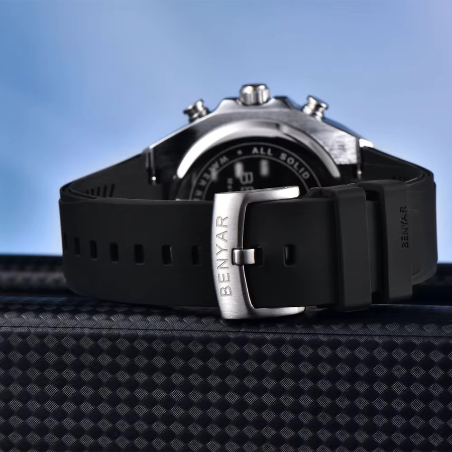 BENYAR Chronograph Herrenuhr, Quarz, Schwarz, Silikon, Datum - Bild 5