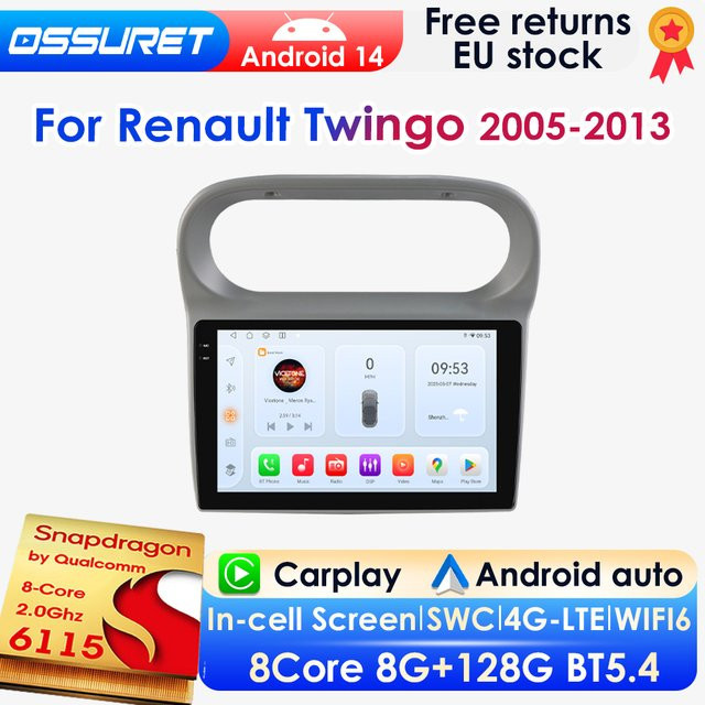 OSSURET Android 14 Autoradio für Renault Twingo 2005-2013 mit Snapdragon 6115, 8GB RAM, 128GB Speicher, GPS, Carplay, 4G, Bluetooth und 360 Cam, Schwarz - Bild 1