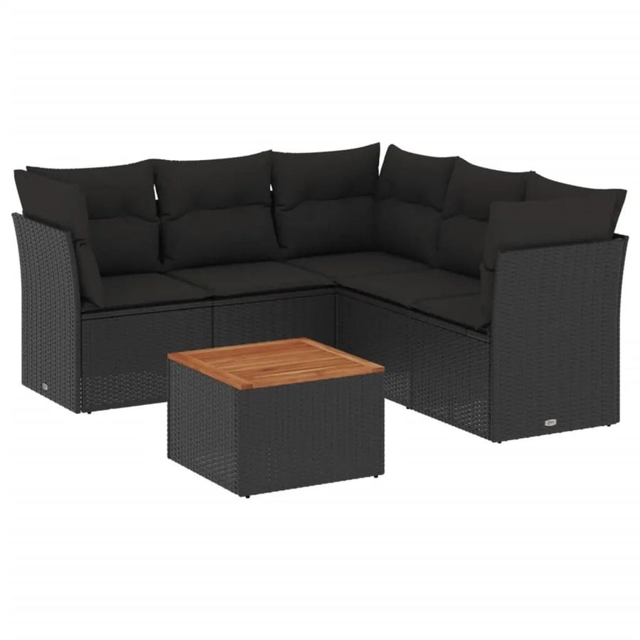 vidaXL 6-tlg Garten-Sofagarnitur in L-Form aus Polyrattan und Akazienholz mit Kissen, Schwarz - Bild 2