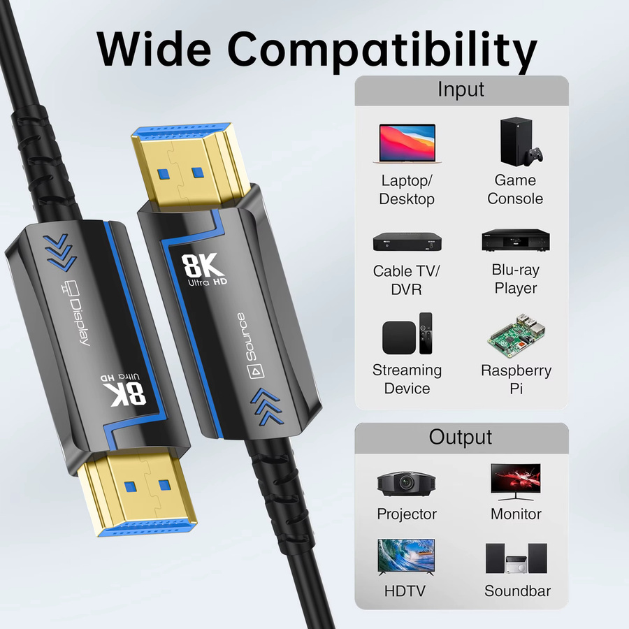 FDBOY HDMI 2.1 Glasfaserkabel in Schwarz für 8K@60Hz und 4K@120Hz mit 48Gbps Ultra High Speed für HDTV, Projektor und Computer - Bild 3