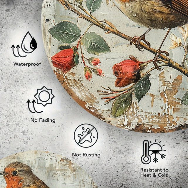 Potdemiel Rundes Aluminiumschild mit Vintage-Robin-Vogel-Motiv, Durchmesser: 20,32 cm, Mehrfarbig - Bild 1