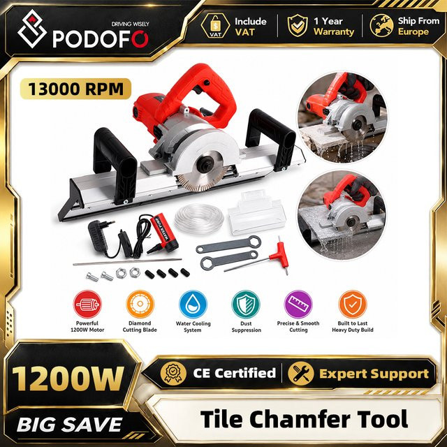Podofo Elektrische Abschrägungsmaschine 1200W 3000RPM mit automatischer Wassersprühfunktion für 45 Grad Kanten, Fliesenkantenschneider in Rot - Bild 1