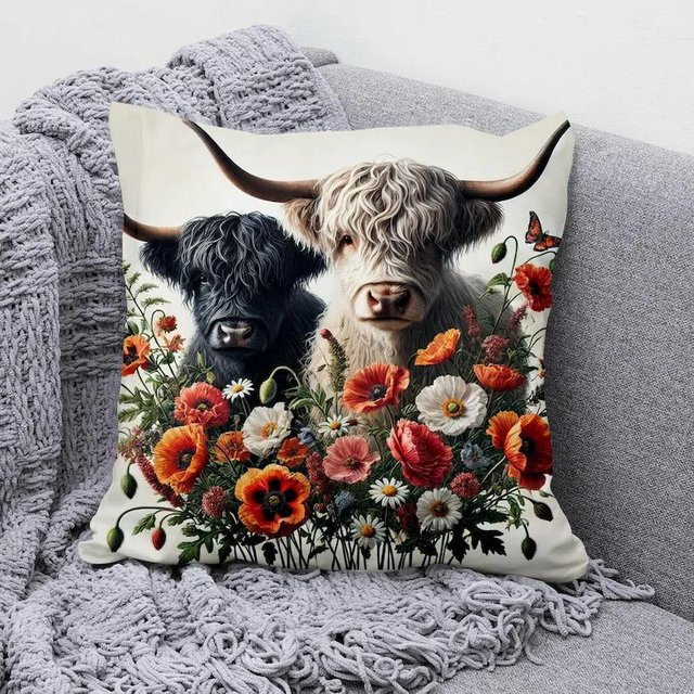 VIKAMA Hochlandrind Kissenbezug mit floralem Tiermotiv in Weiß, B/B: 40 x 40 cm - Bild 1