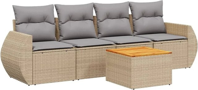 vidaXL 5-teilige Garten-Sofagarnitur aus Poly-Rattan und Akazienholz in Beige-Grau mit Kissen - Bild 1