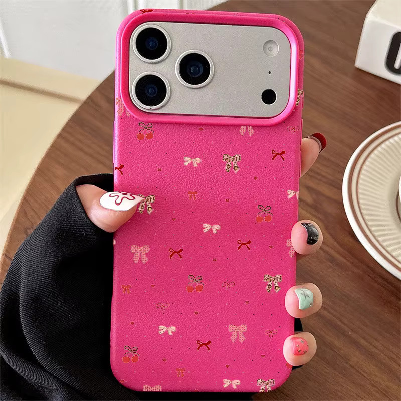 Stoßfeste Handyhülle mit Kirsche und süßer Schleife im Lichee-Muster für iPhone 13 14 15 16 17 Pro Max und weitere Modelle, Farbe: Pink - Bild 3