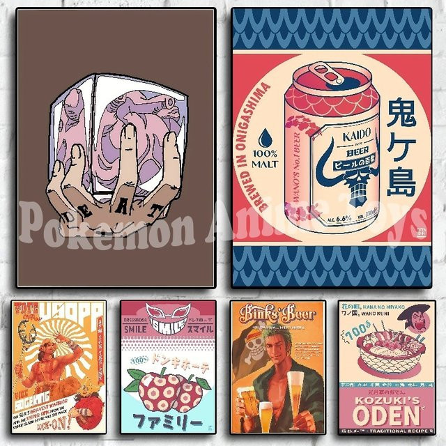 Bandai Retro Manga Wandkunst Poster Oden Kozuk Bepo Trinkt Leinwandbild in Blau und Multicolour für Restaurant und Bar Dekor - Bild 1