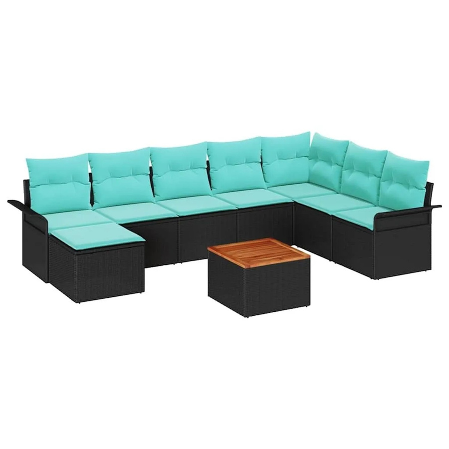 vidaXL Gartensofa-Set aus Poly-Rattan und Akazienholz in Schwarz und Türkis mit 9 Teilen inklusive Polster und Tisch - Bild 2