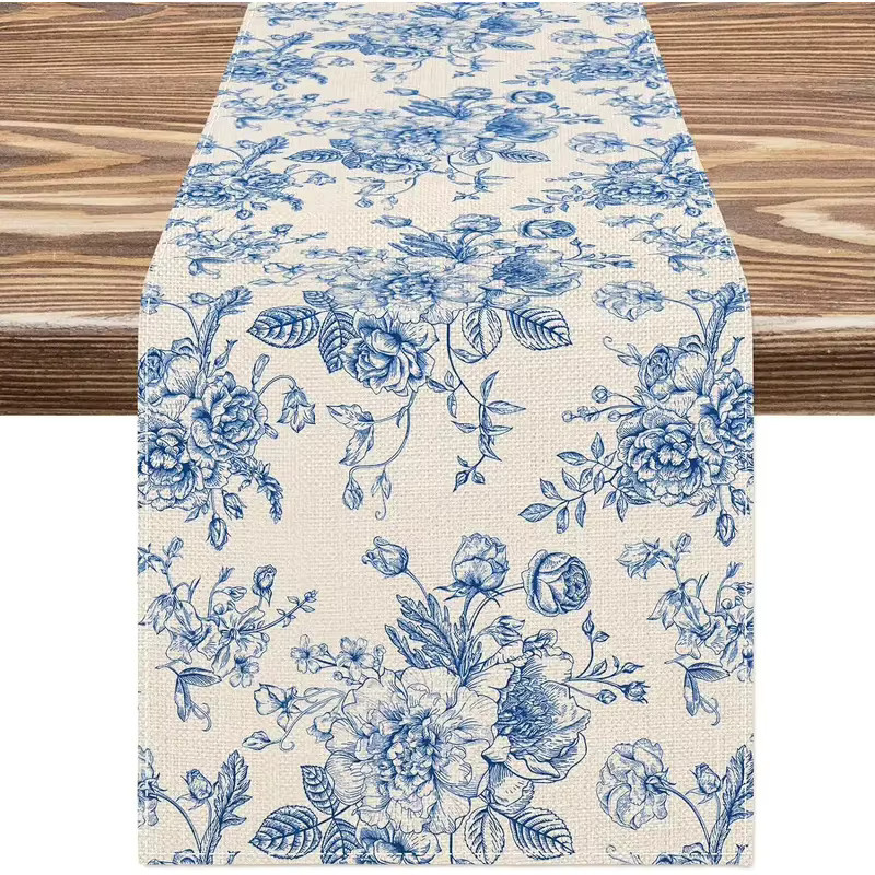 VIKAMA 4-teiliges Tischset Set aus Leinen in Blau mit floralem Country-House Design, rechteckige Tischmatten für Garten und Café - Bild 2