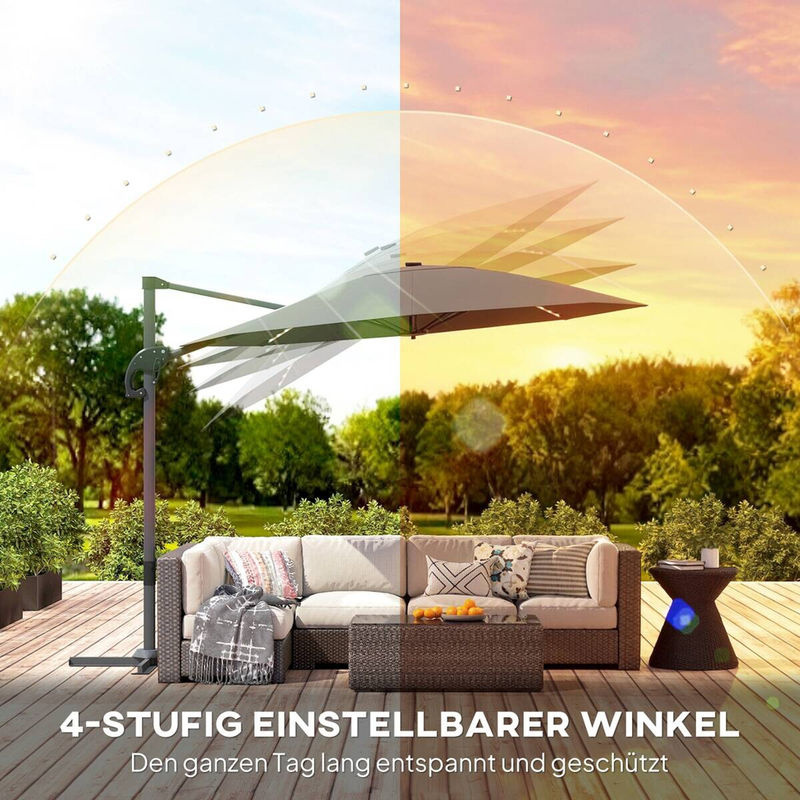 Outsunny Ampelschirm mit LED Solar und Kurbel, Aluminium und Fiberglas, Dunkelgrau, Durchmesser: 300 cm, B/H/L: 294 x 250 x 360 cm - Bild 6