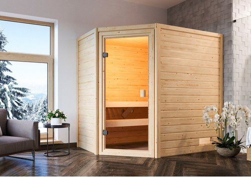 KARIBU Sauna Ahja aus nordischem Fichtenholz für 2 Personen, beige, B/T/H: 196 x 145 x 187 cm - Bild 1