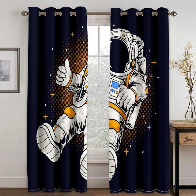 Yiran Furniture Hochverdunkelungsvorhang mit Astronautenmuster und Sternenhimmel in Blau, B: 55 cm, H: 120 cm, 2er-Set mit Ösen - Bild 1