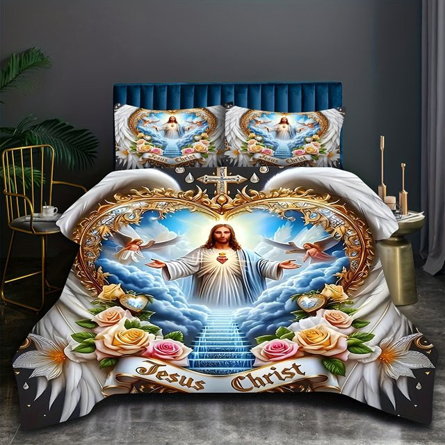 Evich Bettwäsche-Set mit Digitaldruck Heilige Andacht Engel und Blumen, B/H: 135 x 200 cm, Mehrfarbig - Bild 1