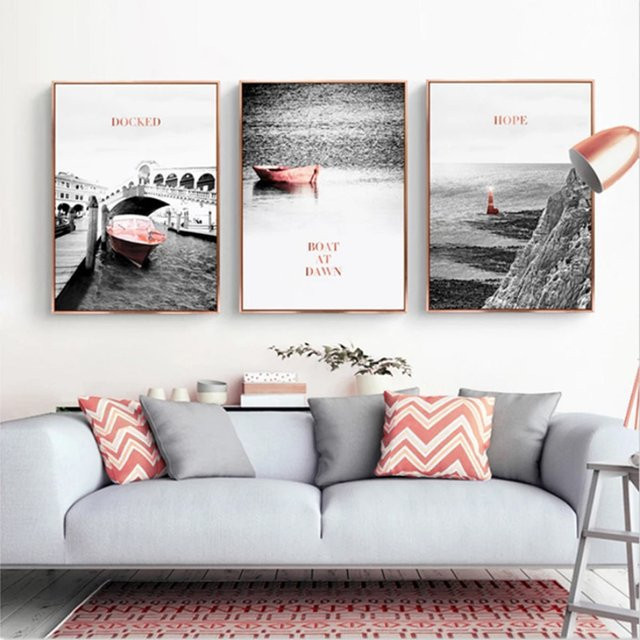 TPFLiving Luxus Poster Leinwand Set mit rosa Booten auf grauem Hintergrund, 3er Set, Breite: 60 cm, Höhe: 80 cm - Bild 1