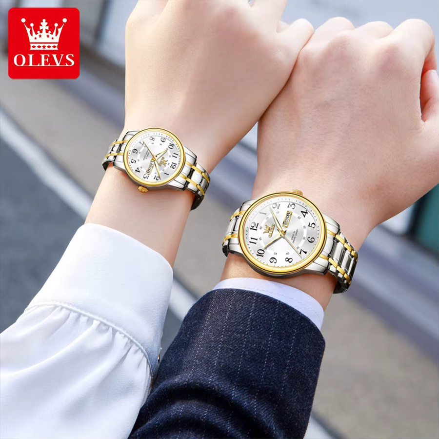 OLEVS Armbanduhr Paar, Quarz, Edelstahl, Gold, Datum, Unisex - Bild 3